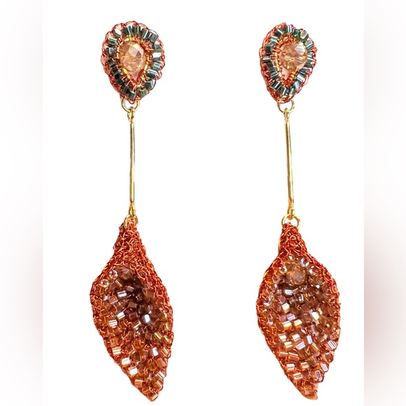 Lavish NWT Rust & Gold Tone Hand Crocheted Beaded Drop Post Earrings (J055) - Picture 9 of 9